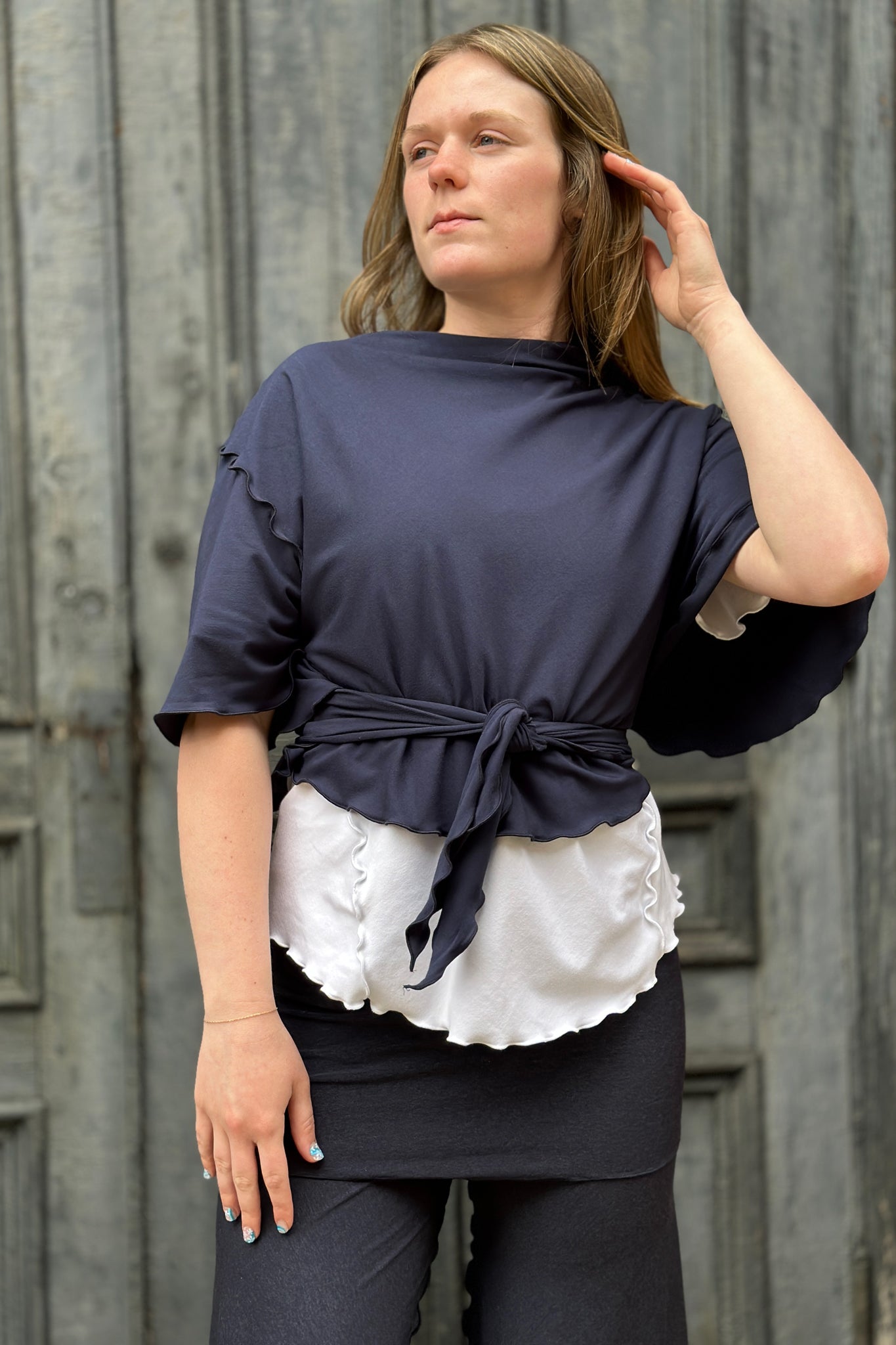 angelrox® flutter summer jacket in navy paired with white sweet t + midnight swirlsuit