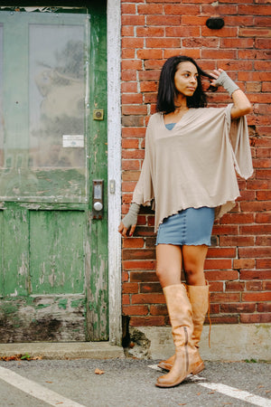 champagne shimmer lil fox with gold shimmer aria sleeves and ocean pencil skirt styled as dress