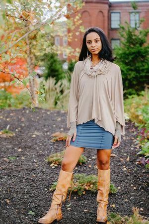 champagne shimmer lil fox with gold shimmer aria sleeves + hourglass and ocean pencil skirt styled as dress