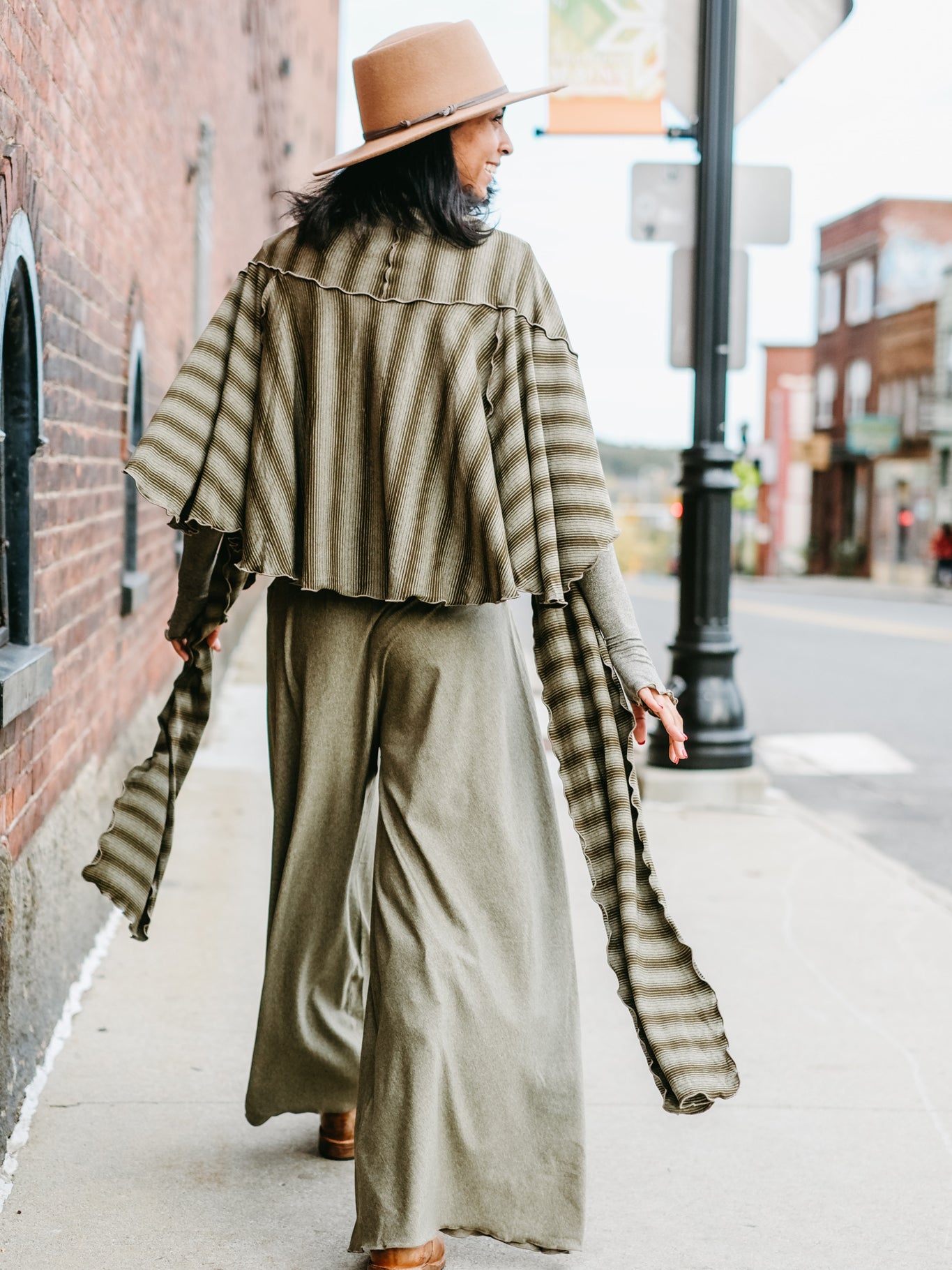 girly wrap + hug in country stripe with the palazzo pant and opera sleeves in gold shimmer