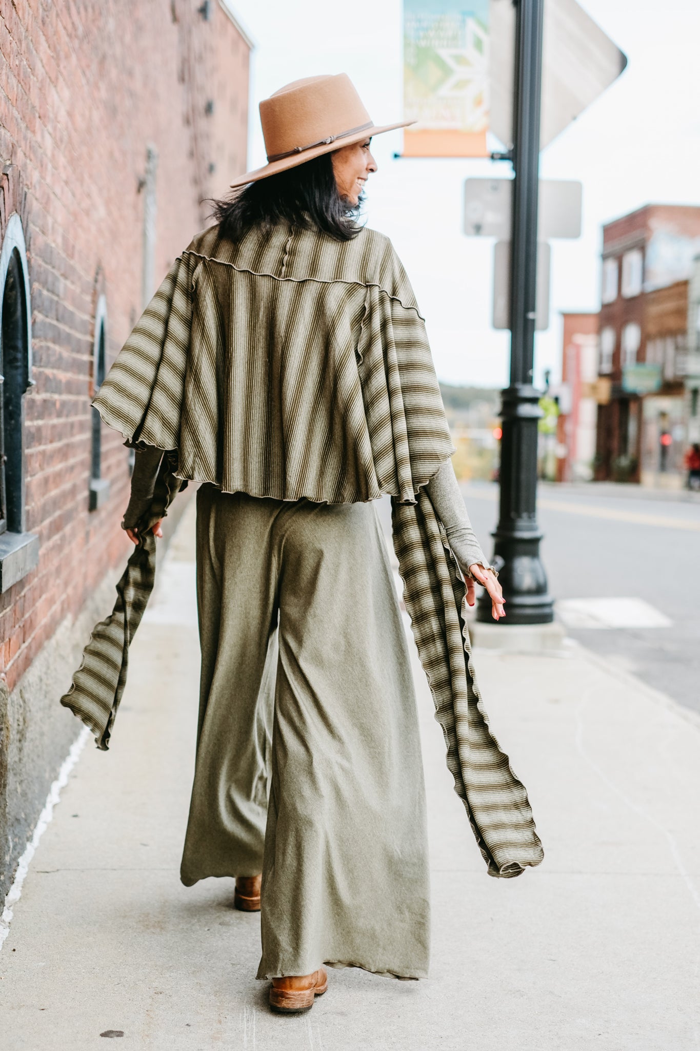 girly wrap + hug in country stripe with the palazzo pant and opera sleeves in gold shimmer