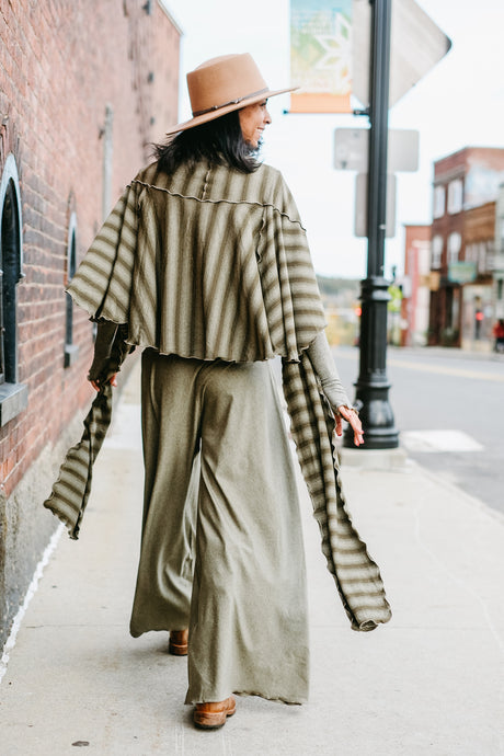 girly wrap + hug in country stripe with the palazzo pant and opera sleeves in gold shimmer