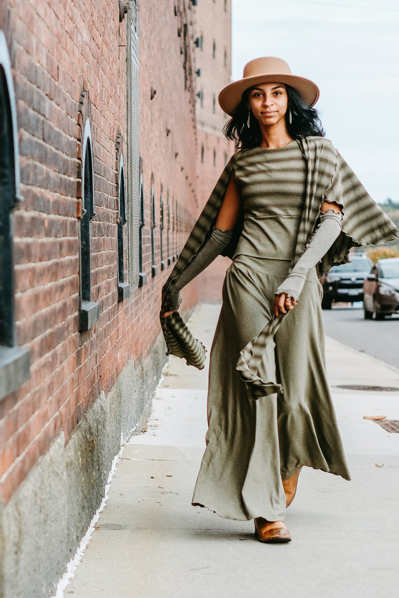 girly wrap + hug in country stripe with the palazzo pant and opera sleeves in gold shimmer