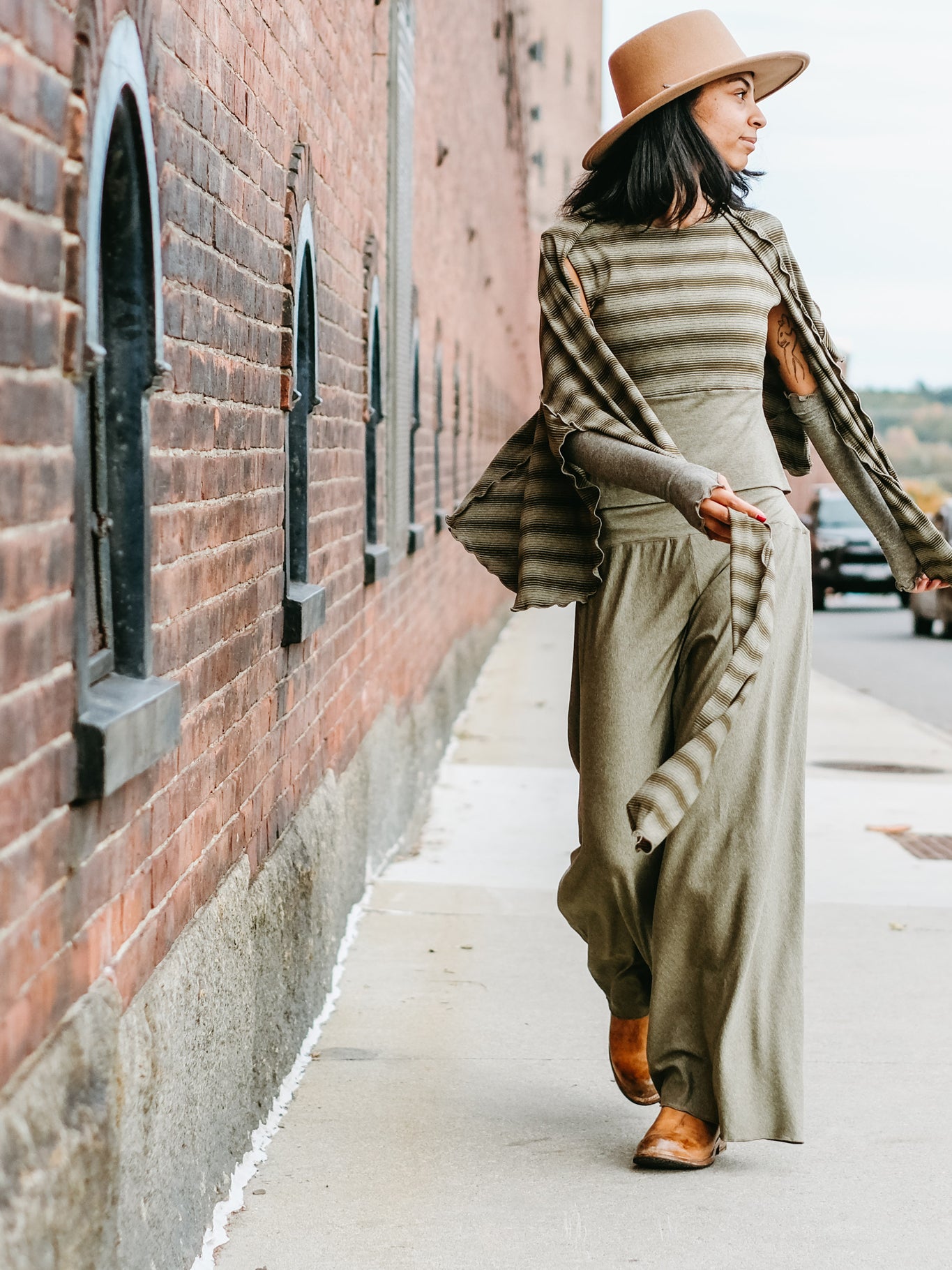 girly wrap + hug in country stripe with the palazzo pant and opera sleeves in gold shimmer
