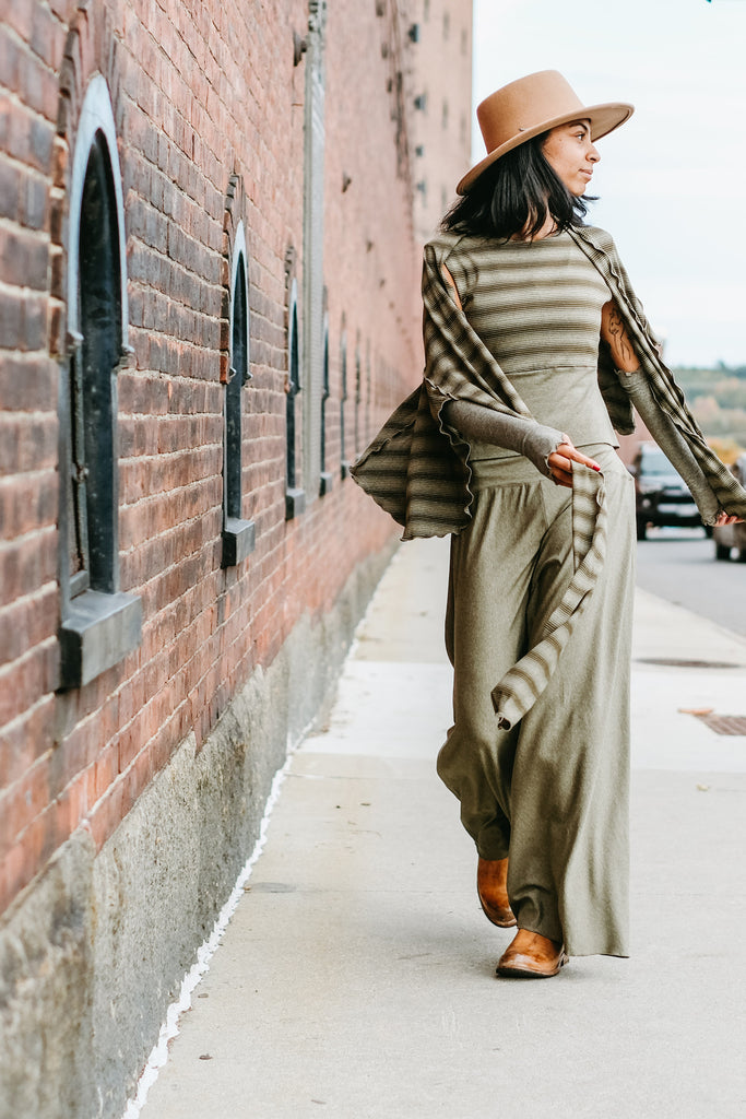 girly wrap + hug in country stripe with the palazzo pant and opera sleeves in gold shimmer