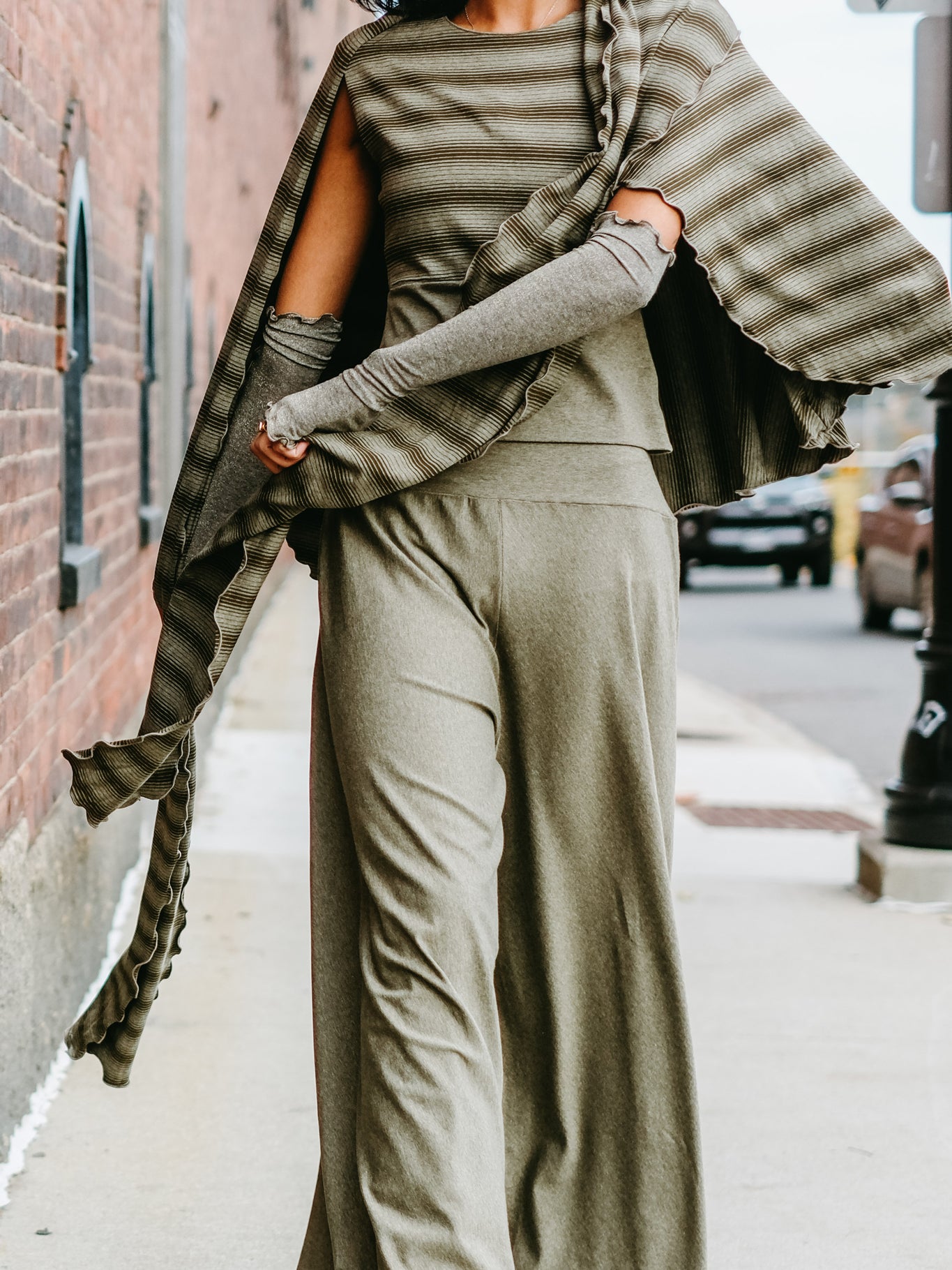 girly wrap + hug in country stripe with the palazzo pant and opera sleeves in gold shimmer