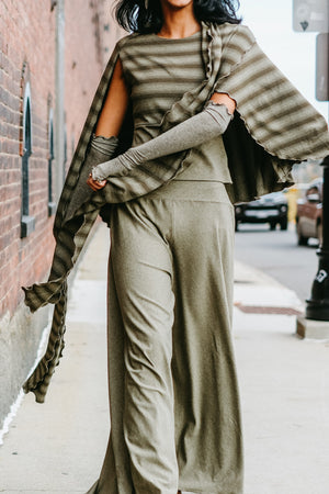 girly wrap + hug in country stripe with the palazzo pant and opera sleeves in gold shimmer