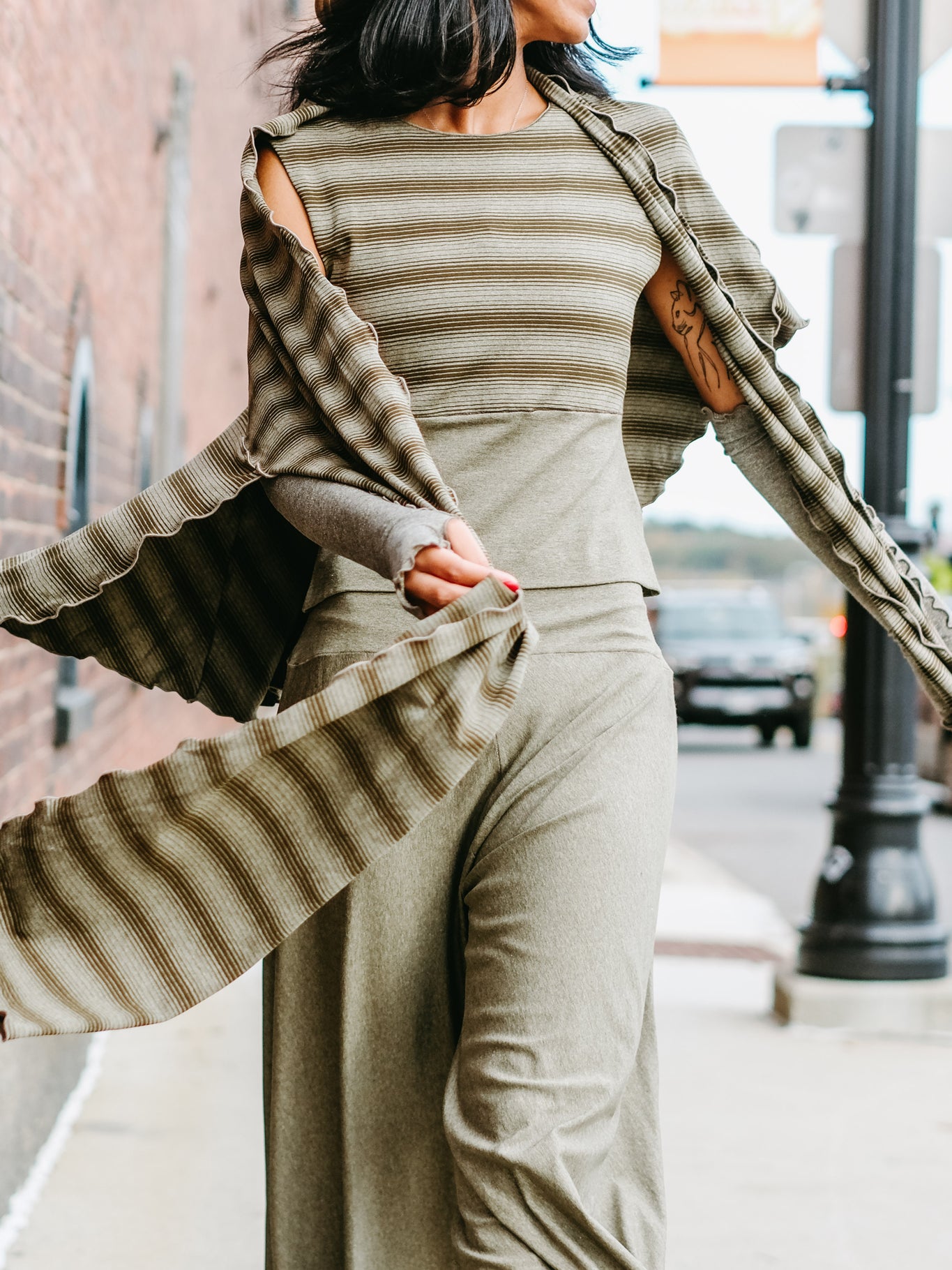 girly wrap + hug in country stripe with the palazzo pant and opera sleeves in gold shimmer