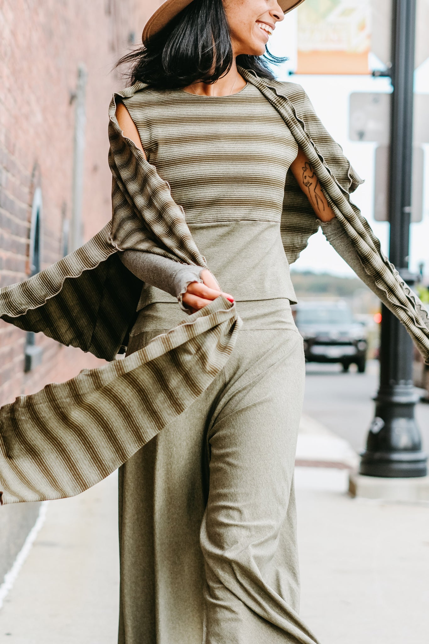 girly wrap + hug in country stripe with the palazzo pant and opera sleeves in gold shimmer