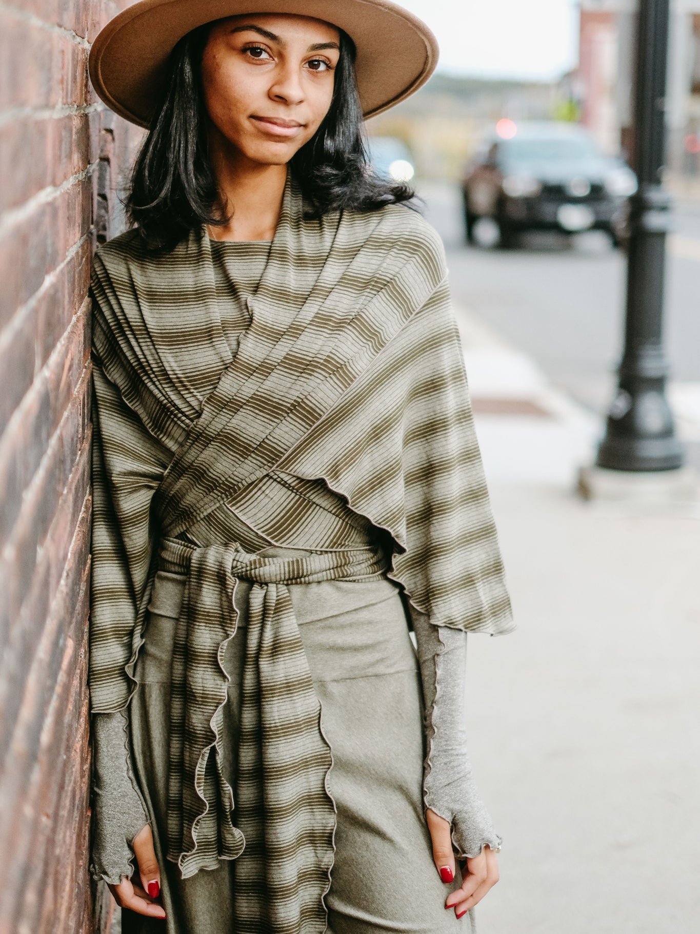 girly wrap + hug in country stripe with the palazzo pant and opera sleeves in gold shimmer