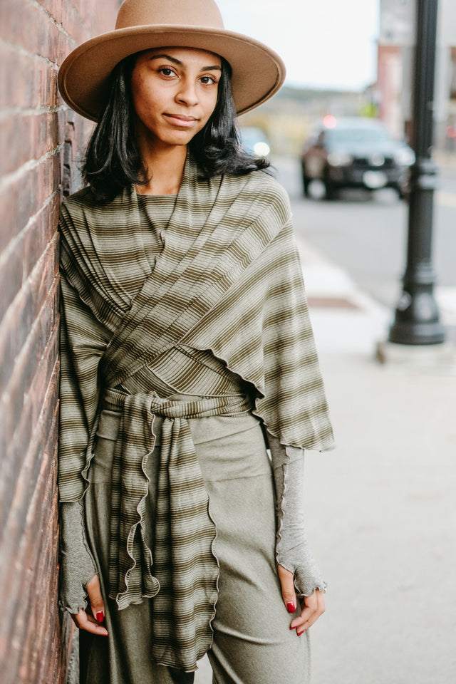 girly wrap + hug in country stripe with the palazzo pant and opera sleeves in gold shimmer