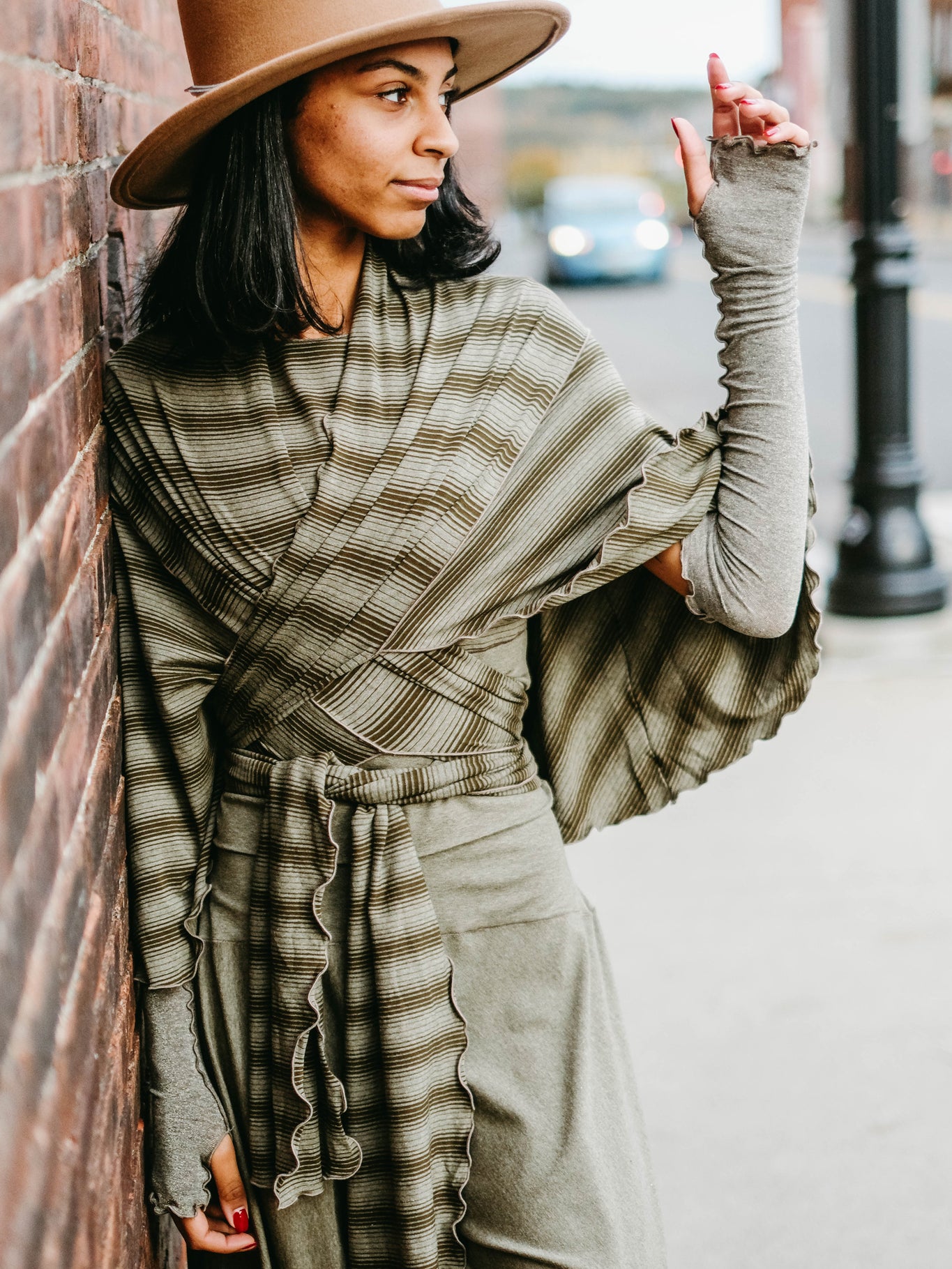 girly wrap + hug in country stripe with the palazzo pant and opera sleeves in sage heather