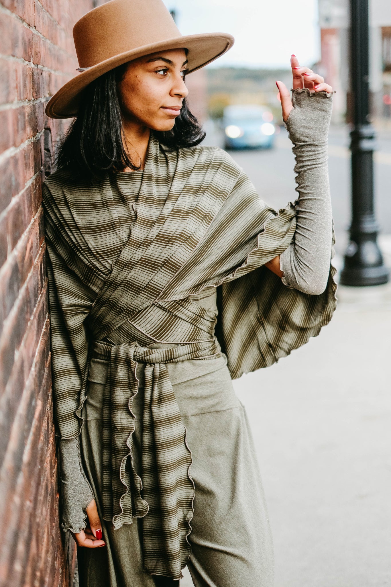 girly wrap + hug in country stripe with the palazzo pant and opera sleeves in sage heather