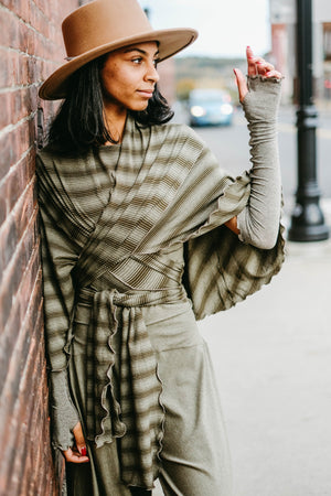 girly wrap + hug in country stripe with the palazzo pant and opera sleeves in sage heather