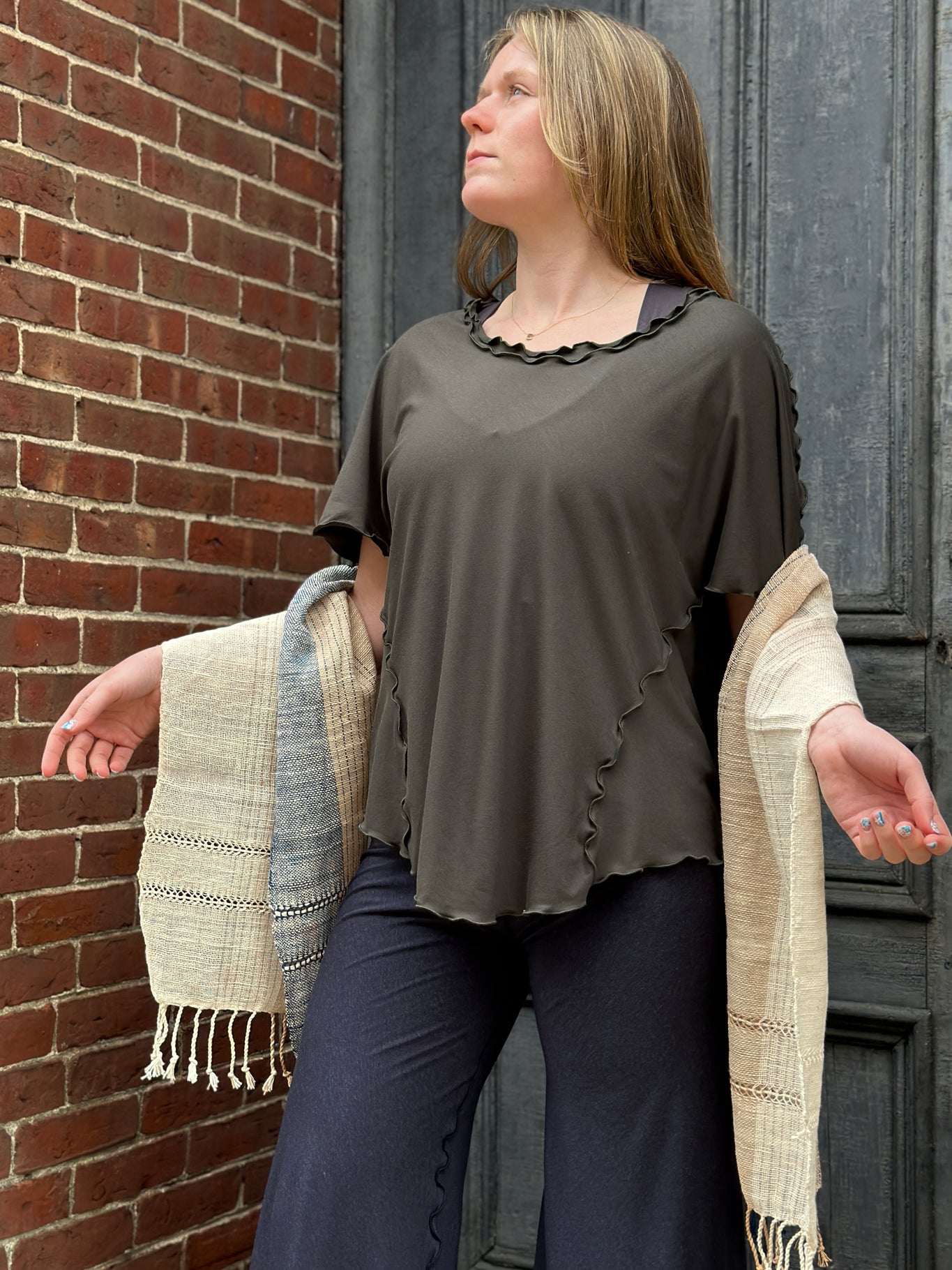 angelrox® sweet t in fir worn with midnight swirlsuit + shoreline shawl