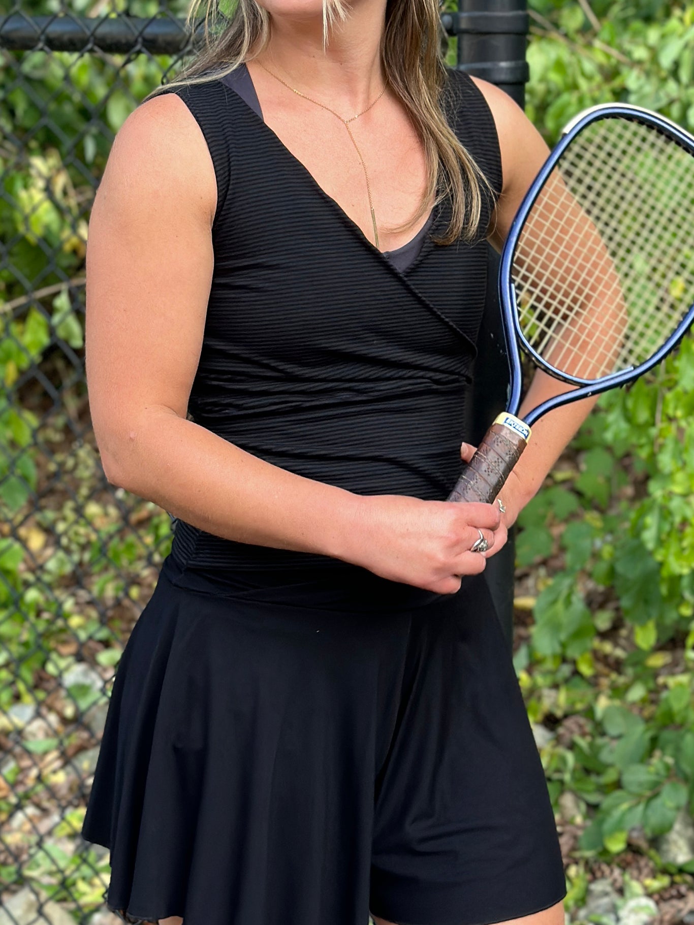 cross top in subtle black stripe with birdie short in black