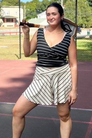 cross top in yin stripe with birdie short in yang stripe