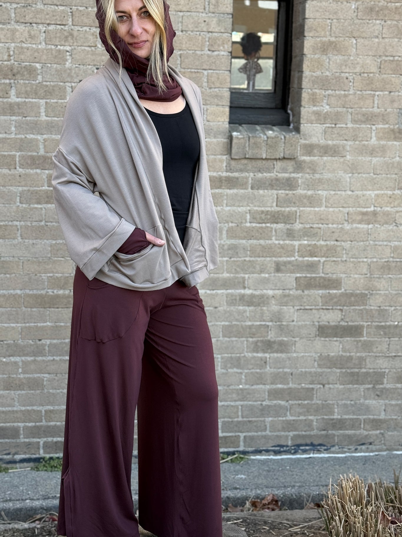 harlow  pants in redwood with doris in clay and hourglass scarf and aria sleeves in redwood