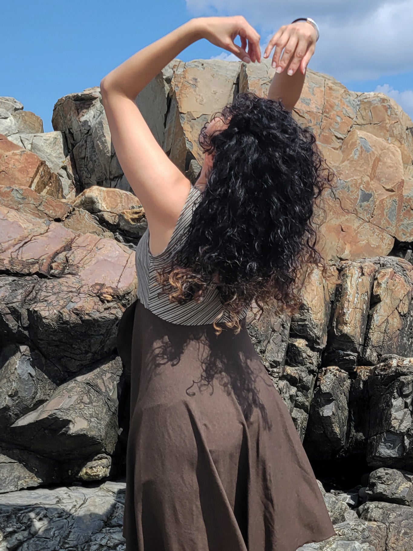 sail away dress in earth stripe + espresso heather combo