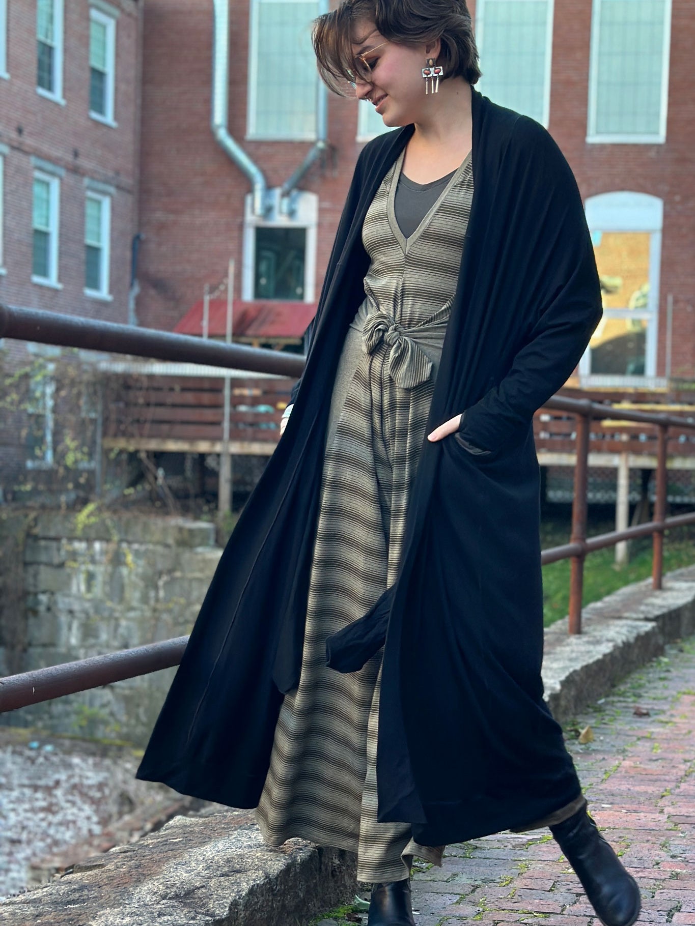 country stripe farmer with fir vneck and black duster