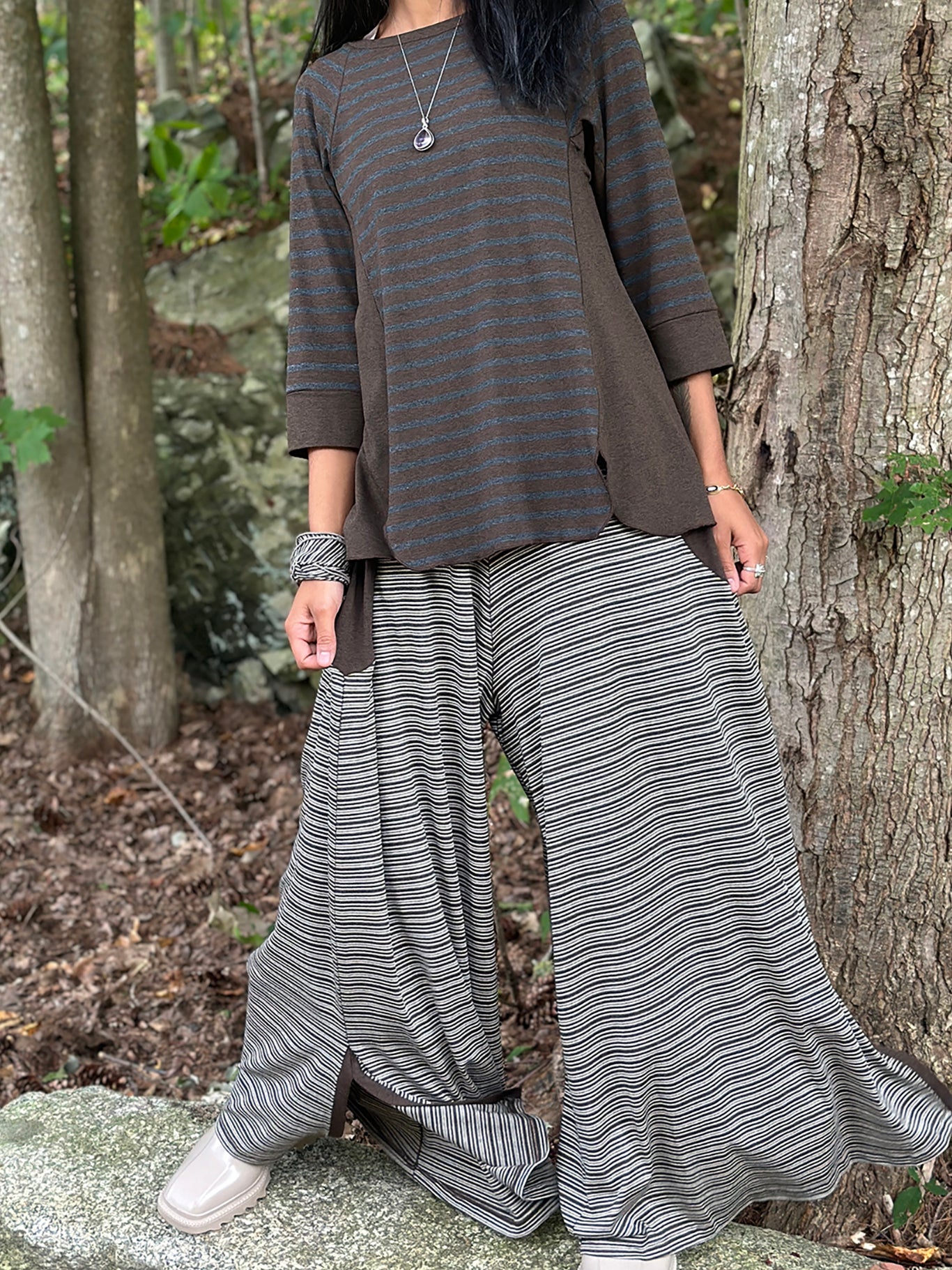 suger farmer jumpsuit in earth stripe with homerun shirt in woodland stripe