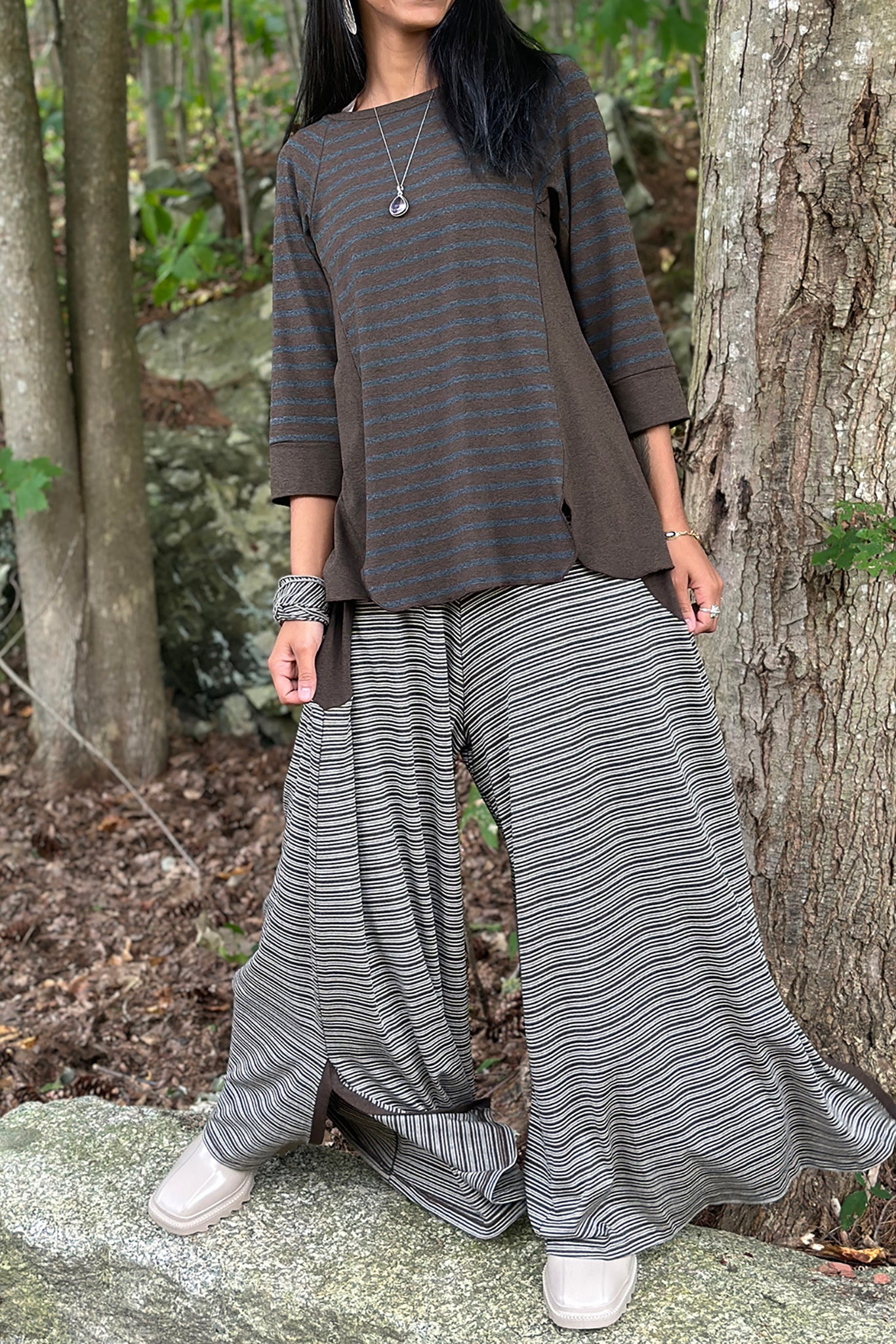 suger farmer jumpsuit in earth stripe with homerun shirt in woodland stripe