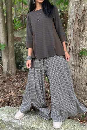 suger farmer jumpsuit in earth stripe with homerun shirt in woodland stripe