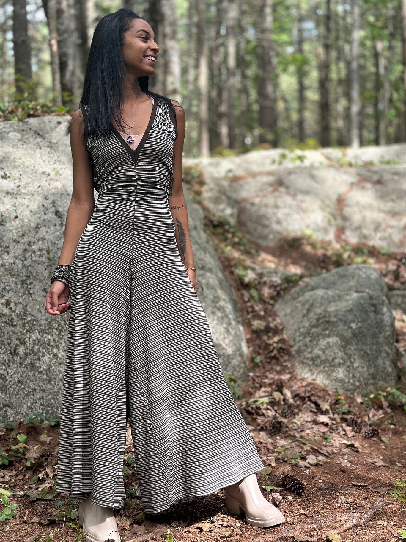 suger farmer jumpsuit in earth stripe