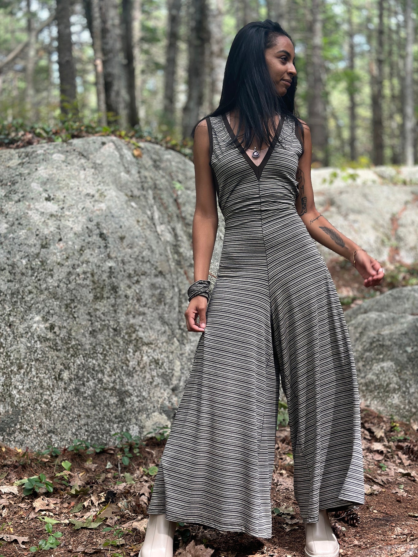 suger farmer jumpsuit in earth stripe