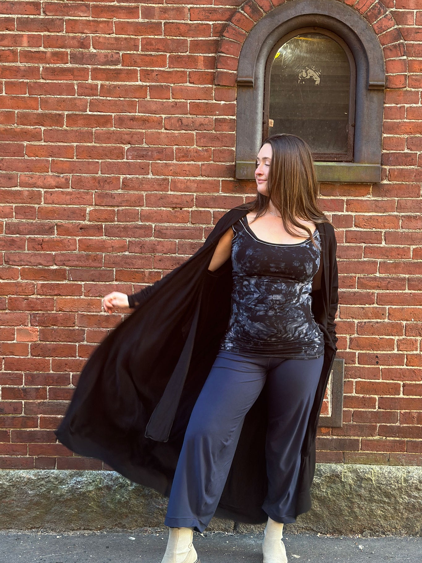 navy bloom pant with black duster and crush wifey