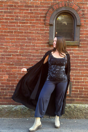 navy bloom pant with black duster and crush wifey