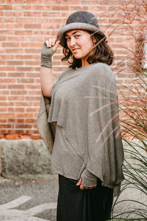 gold shimmer mantra + aria sleeves with lava heather palazzo pants