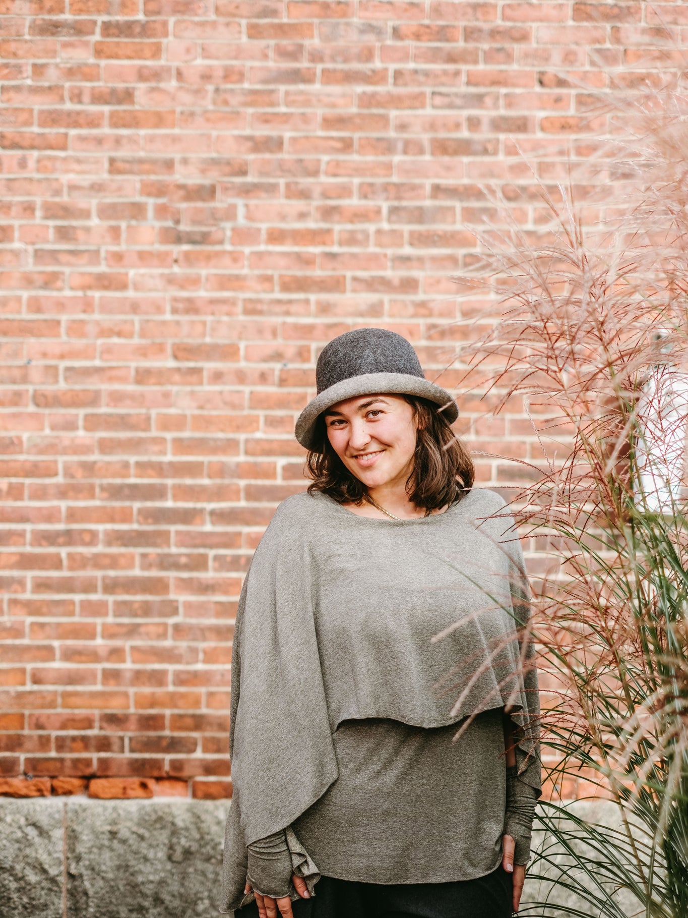 gold shimmer mantra + aria sleeves with lava heather palazzo pants