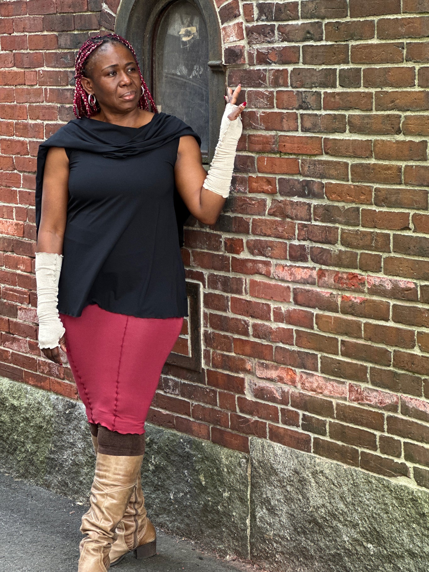 tissue black mantra with ruby pencil skirt and heaven shimmer opera sleeves