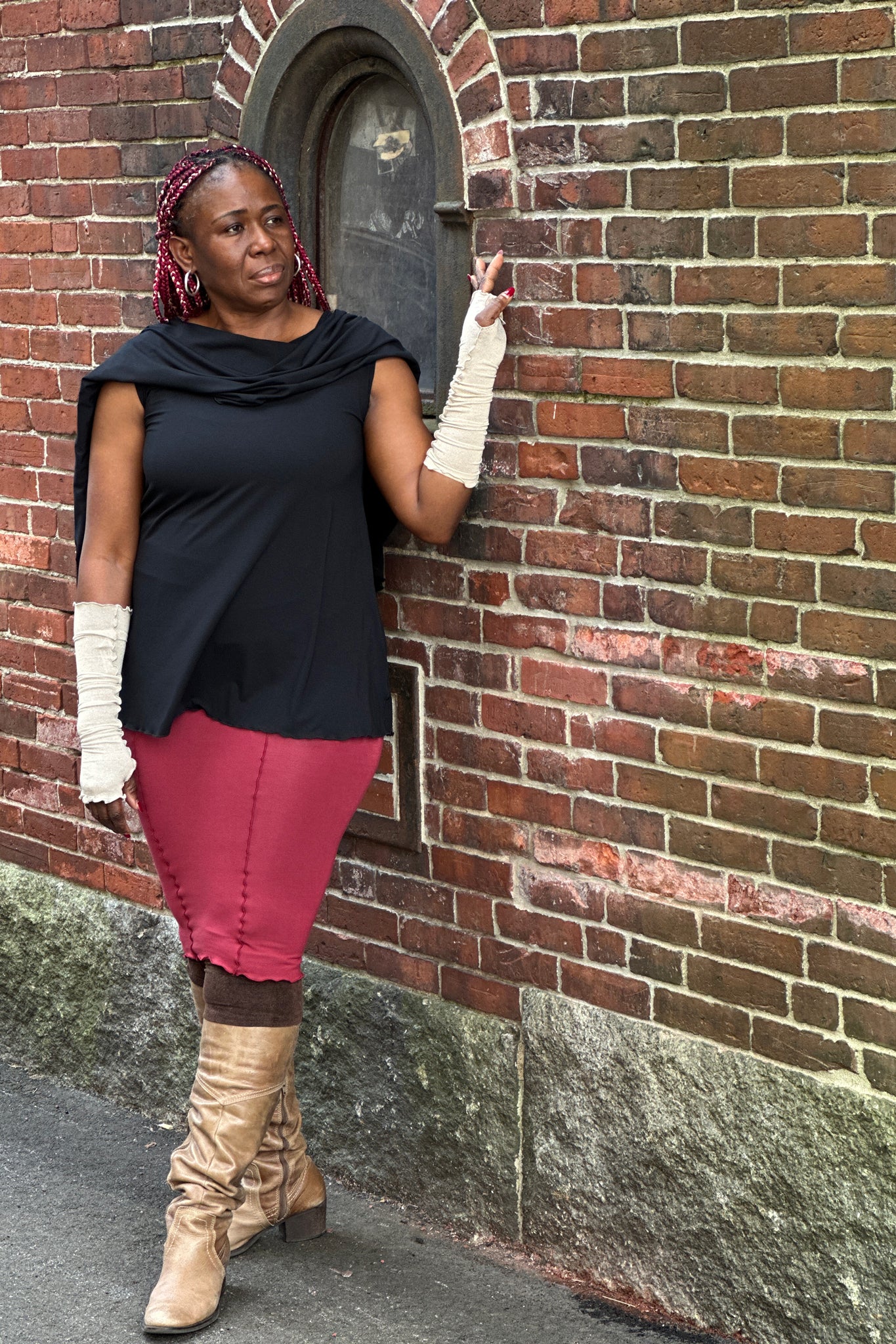 tissue black mantra with ruby pencil skirt and heaven shimmer opera sleeves