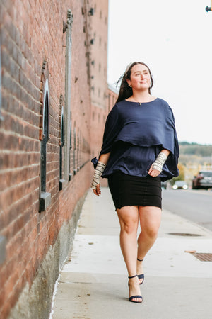 tissue navy mantra with black pencil skirt and yang strip aria sleeves