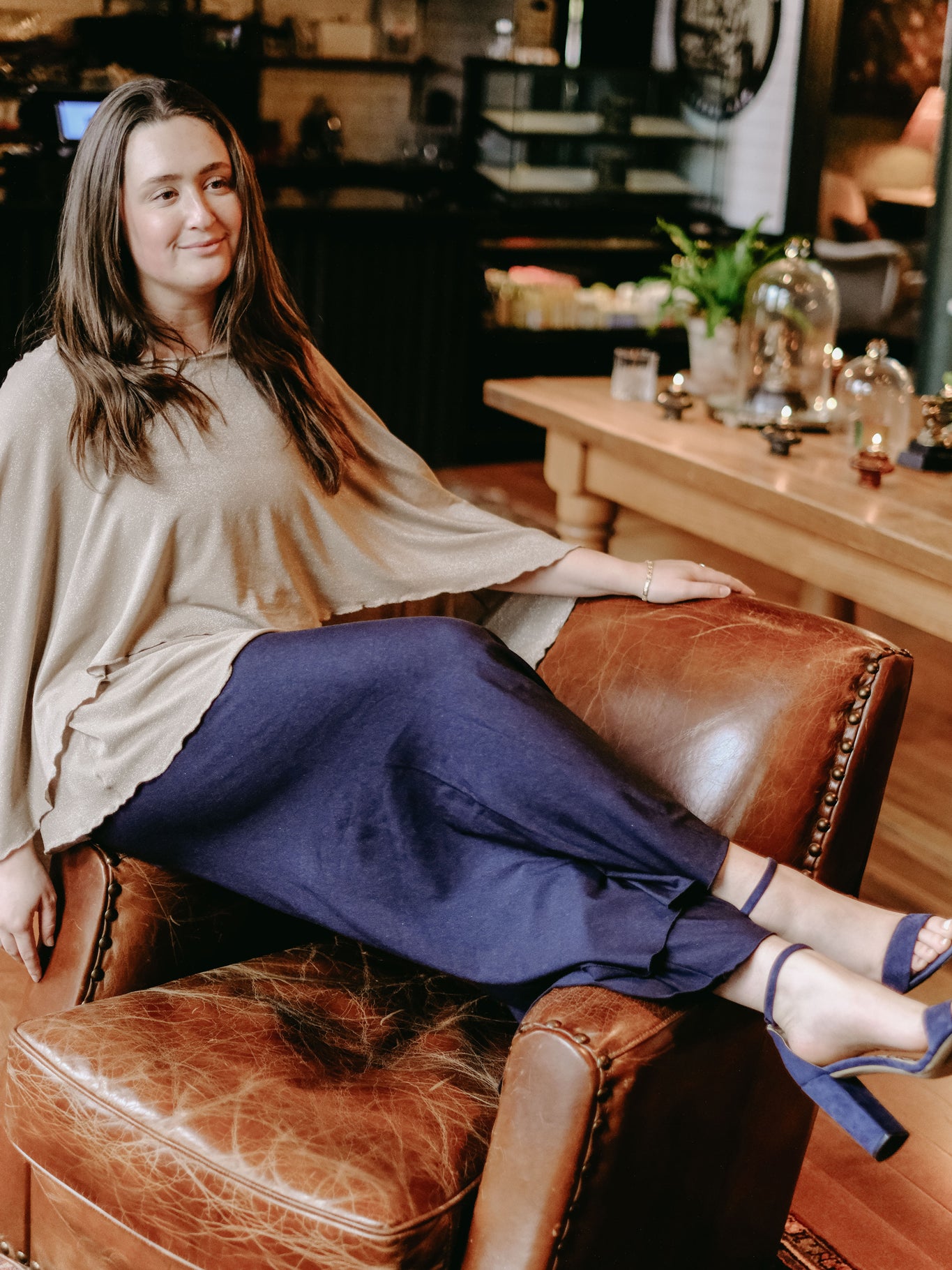 champagne shimmer mantra with midnight heather palazzo pants