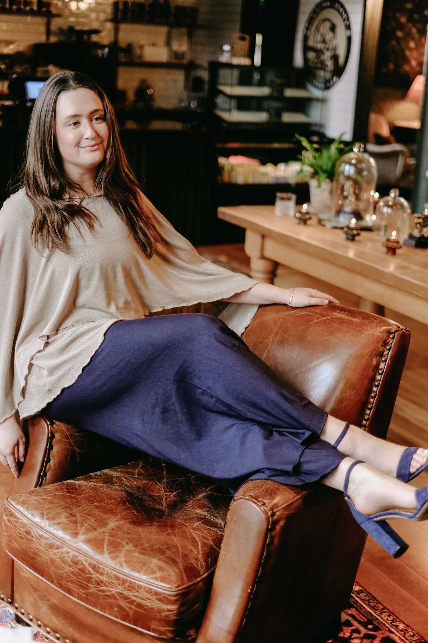 champagne shimmer mantra with midnight heather palazzo pants