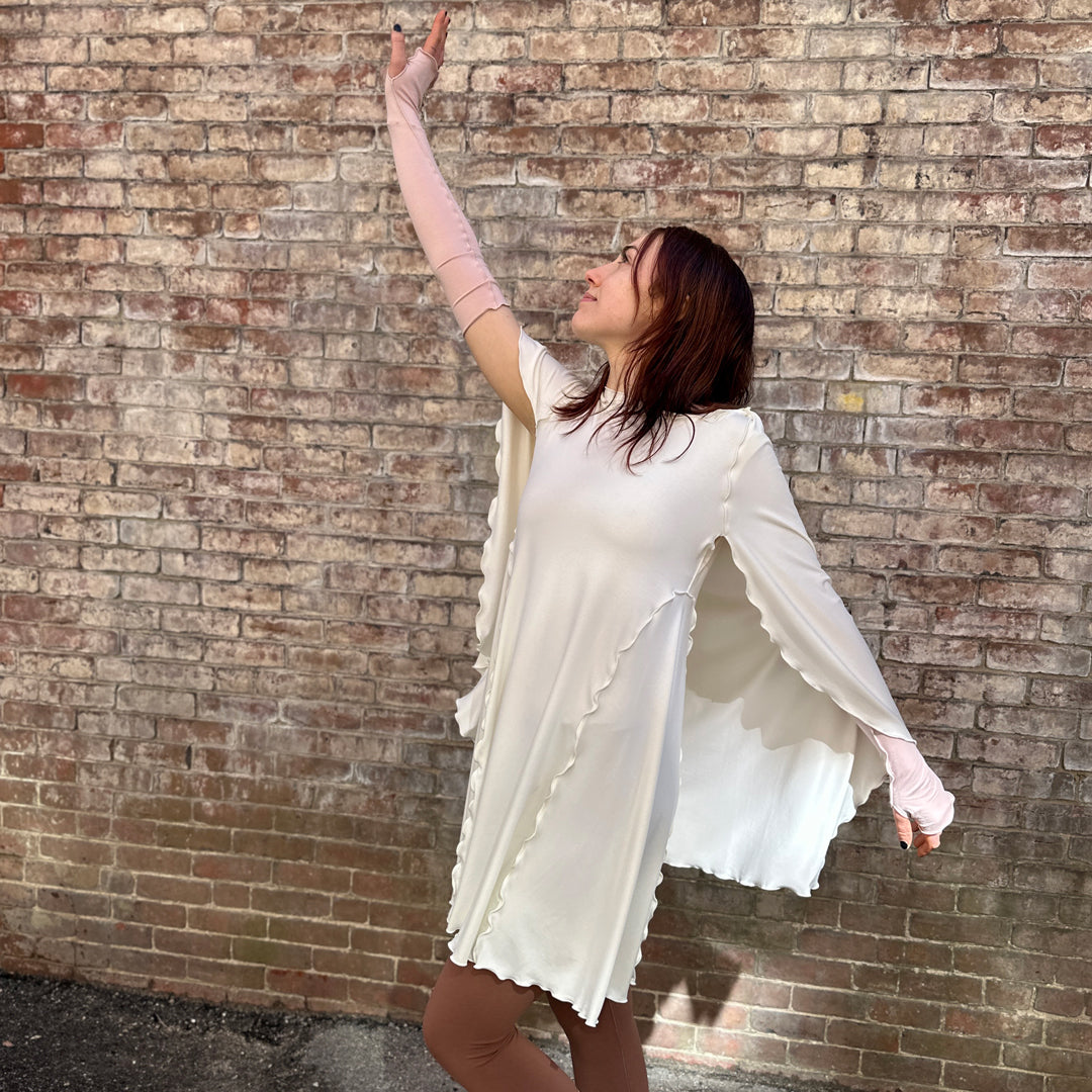 angelrox® dahlin' dress in milk styled with ballet fingerless gloves
