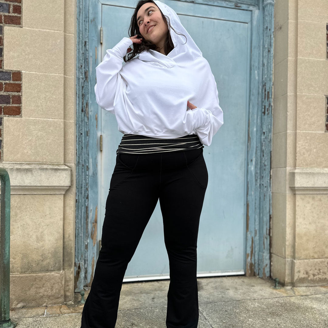 black terry yogi with white terry beachcomber and yin stripe hourglass