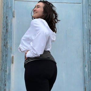 black terry yogi with white terry beachcomber and yin stripe hourglass