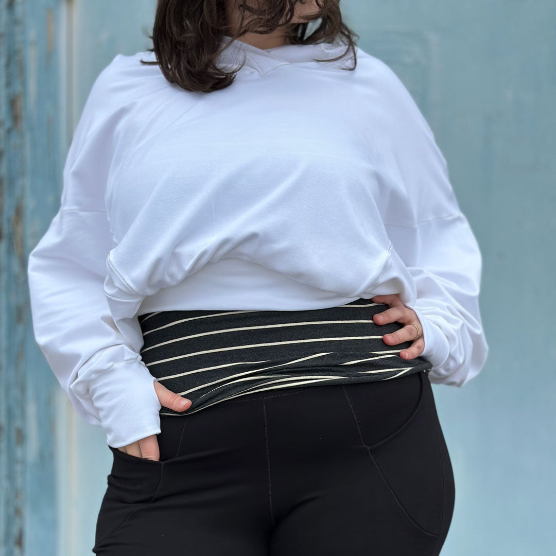 white terry BEACHCOMBER with yin stripe HOURGLASS + black terry YOGI