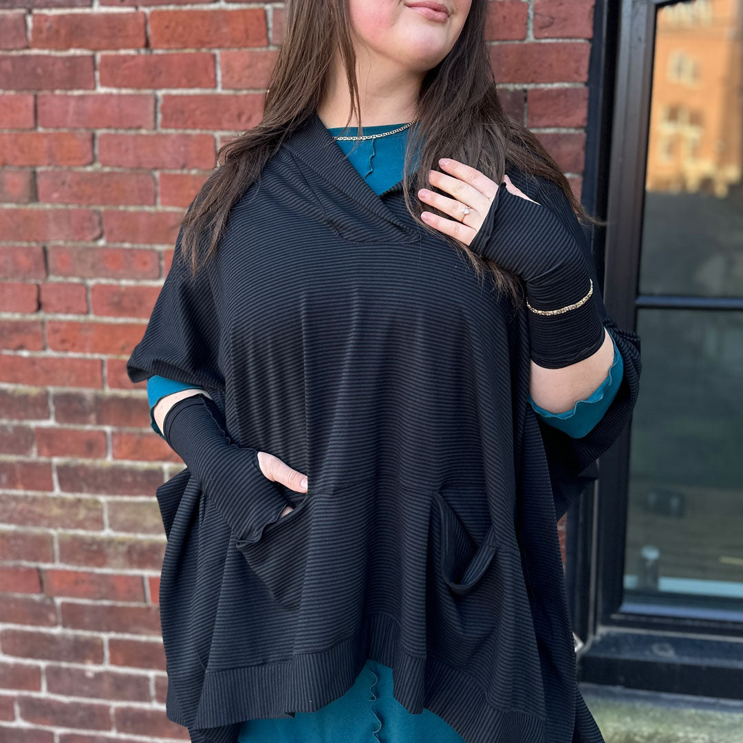 frida in subtle black stripe over swing top in azure bamboo with black bloom pant