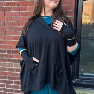 frida in subtle black stripe over swing top in azure bamboo with black bloom pant