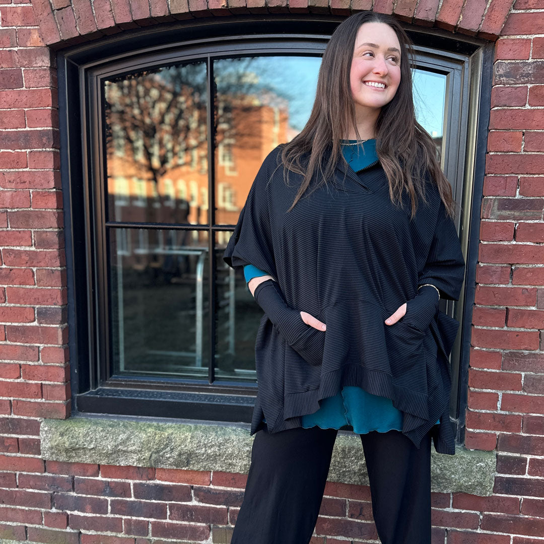 frida in subtle black stripe over swing top in azure bamboo with black bloom pant