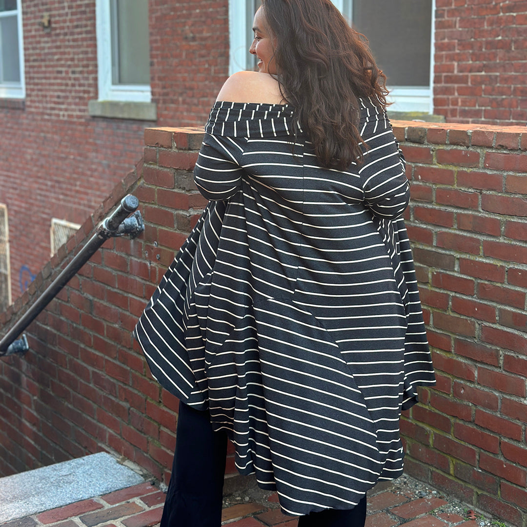 riding coat jacket in yin stripe with balance bra in clay and trouser in black