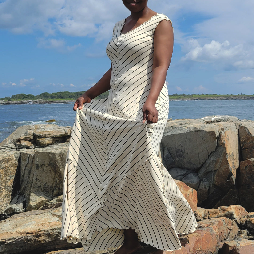 gleam bias vneck gown in yang stripe