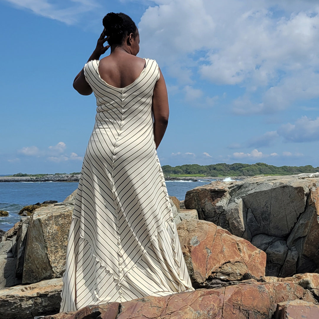 gleam bias vneck gown in yang stripe