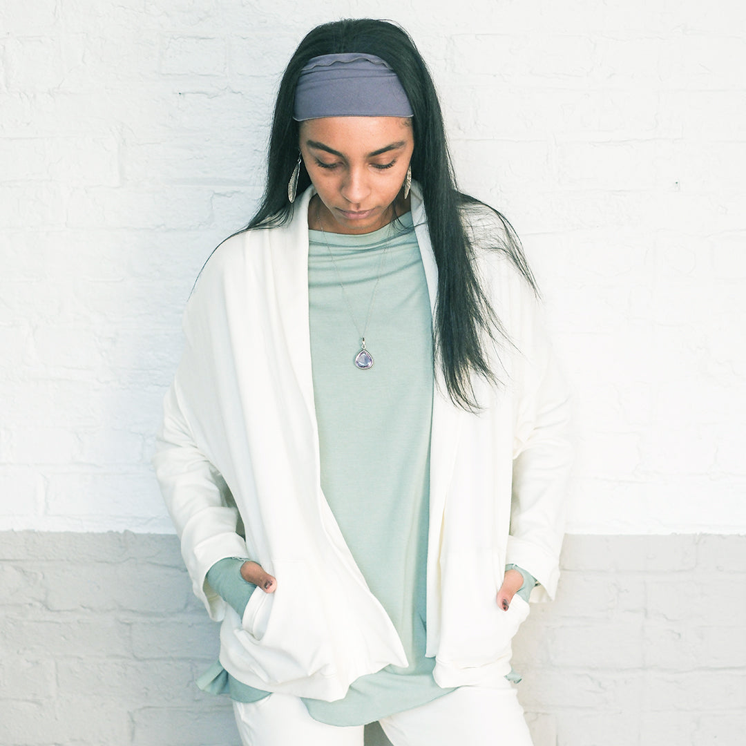 glass homerun baseball tee paired with doris blazer in milk, yogi pants in milk and band in soulful