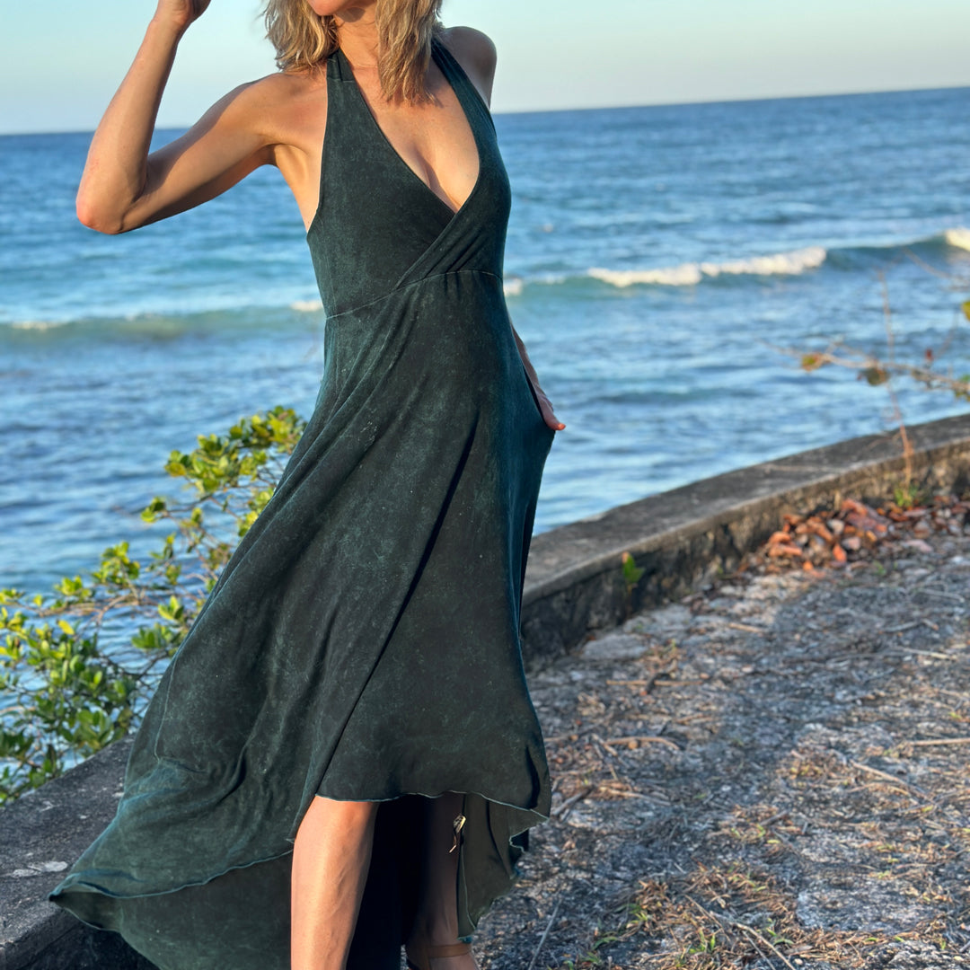 harmony vneck halter dress in blue mineral